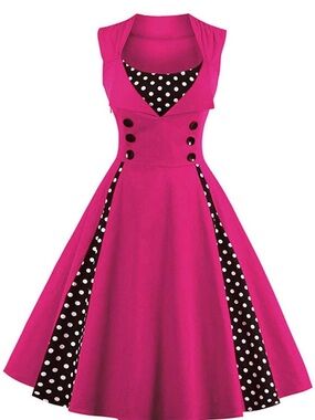 Vintage-Inspired Hot Pink Fit-and-Flare Dress with Polka Dot Contrast